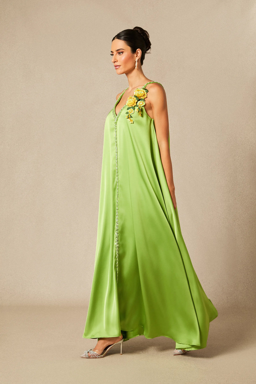 Sienna - Green Floral Embroidered Satin Maxi Dress