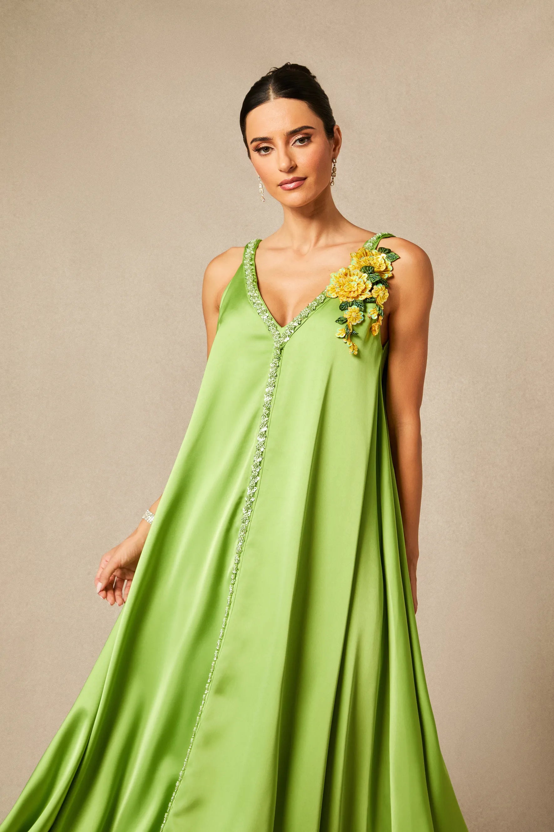 Sienna - Green Floral Embroidered Satin Maxi Dress