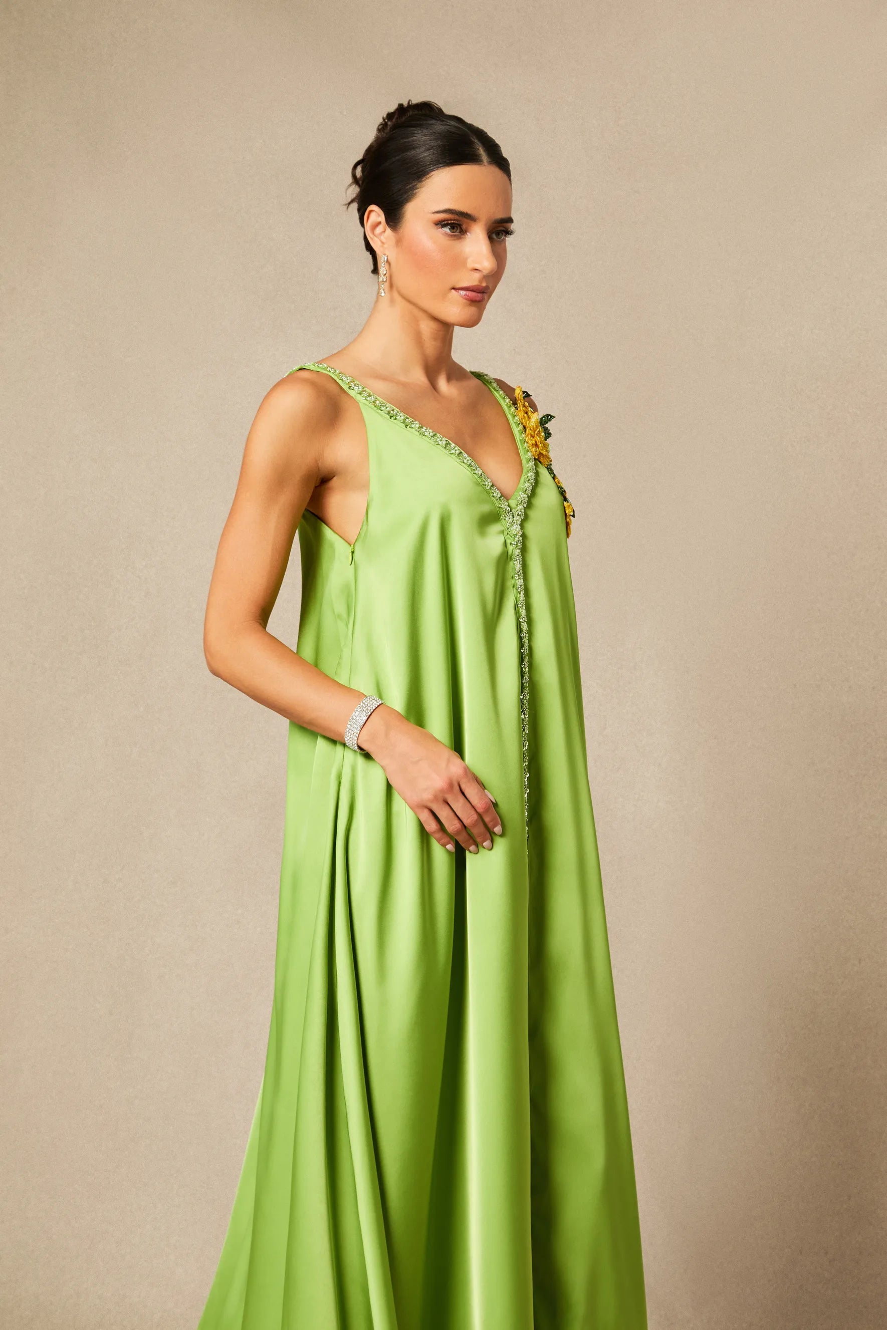 Sienna - Green Floral Embroidered Satin Maxi Dress