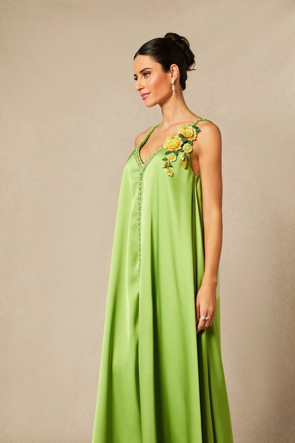 Sienna - Green Floral Embroidered Satin Maxi Dress