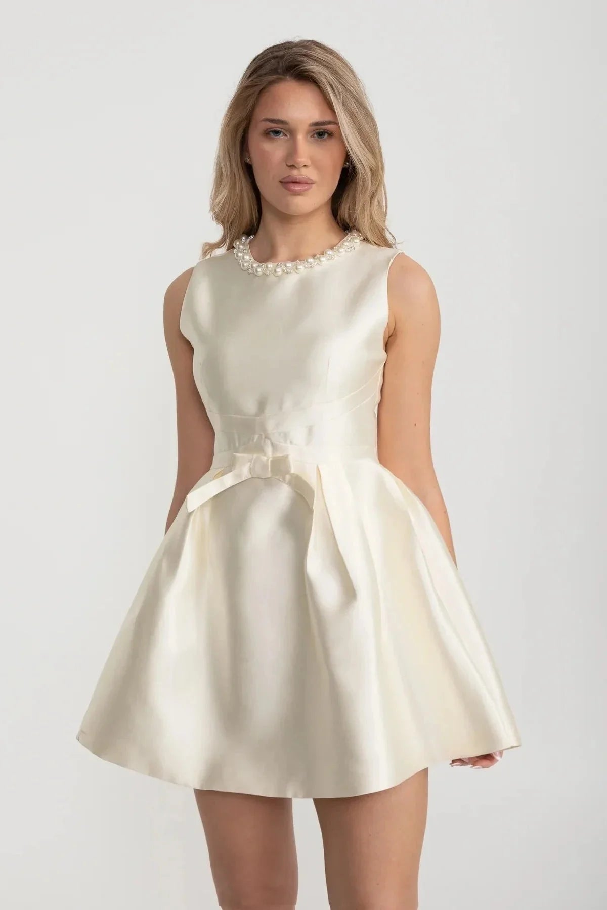 Elegant Fitted Dress With Pearl-Embellished Neckline - Ivory