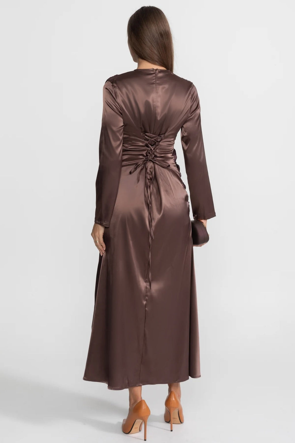 Satin Midi Dress with Draped Overlay and Knot Detail - Brown