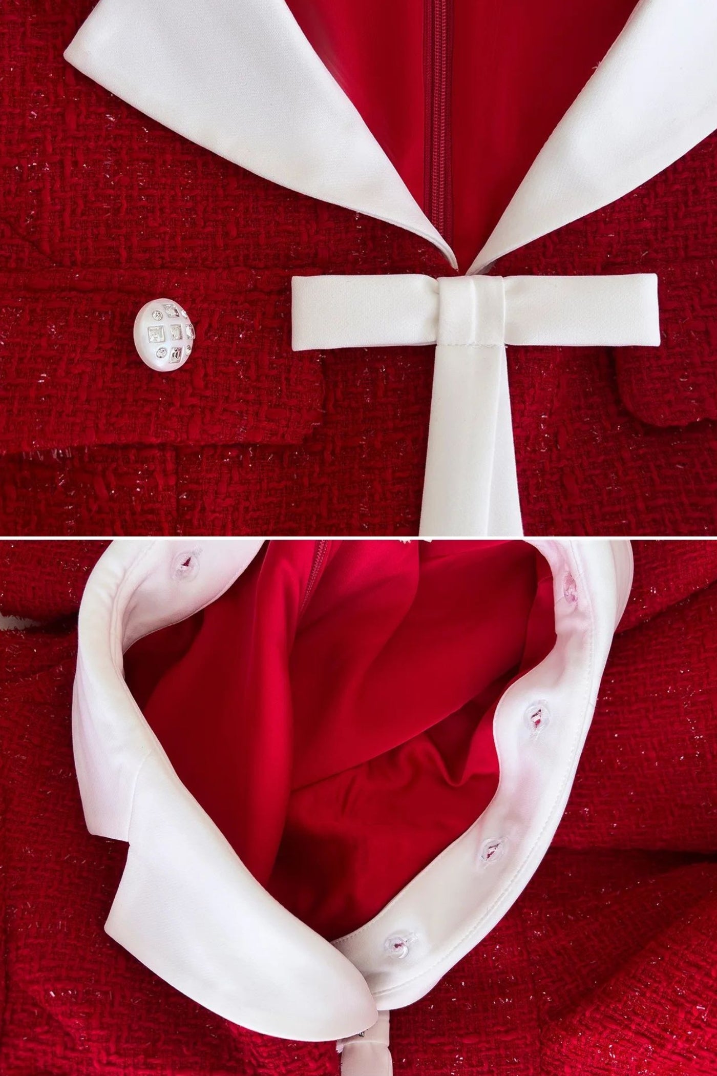 Tweed Fit-and-Flare Dress With Contrast Collar and Bow Detail – Red