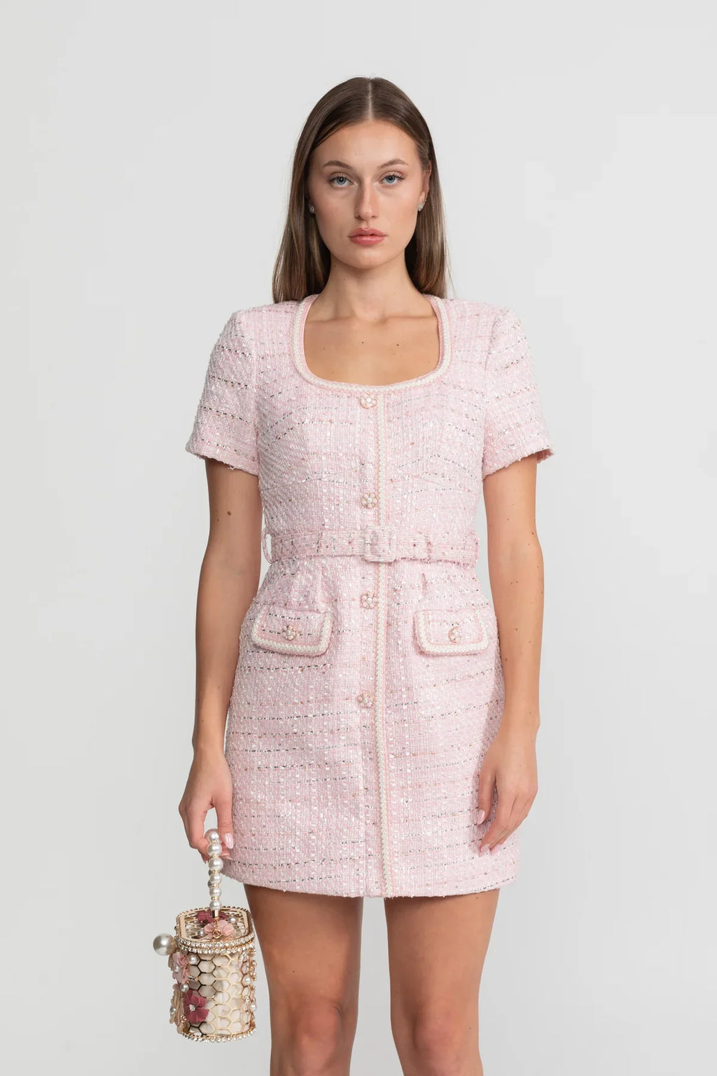 Short Sleeve Tweed Mini Dress With Matching Belt – Blush Pink