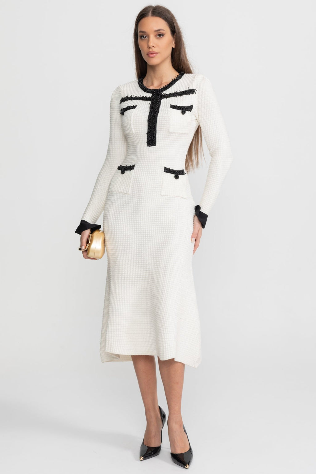 Textured Midi Dress with Contrast Embroidered Trim – Ivory