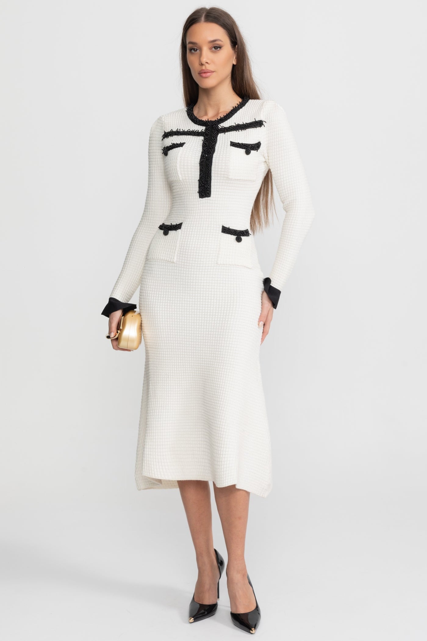 Textured Midi Dress with Contrast Embroidered Trim – Ivory