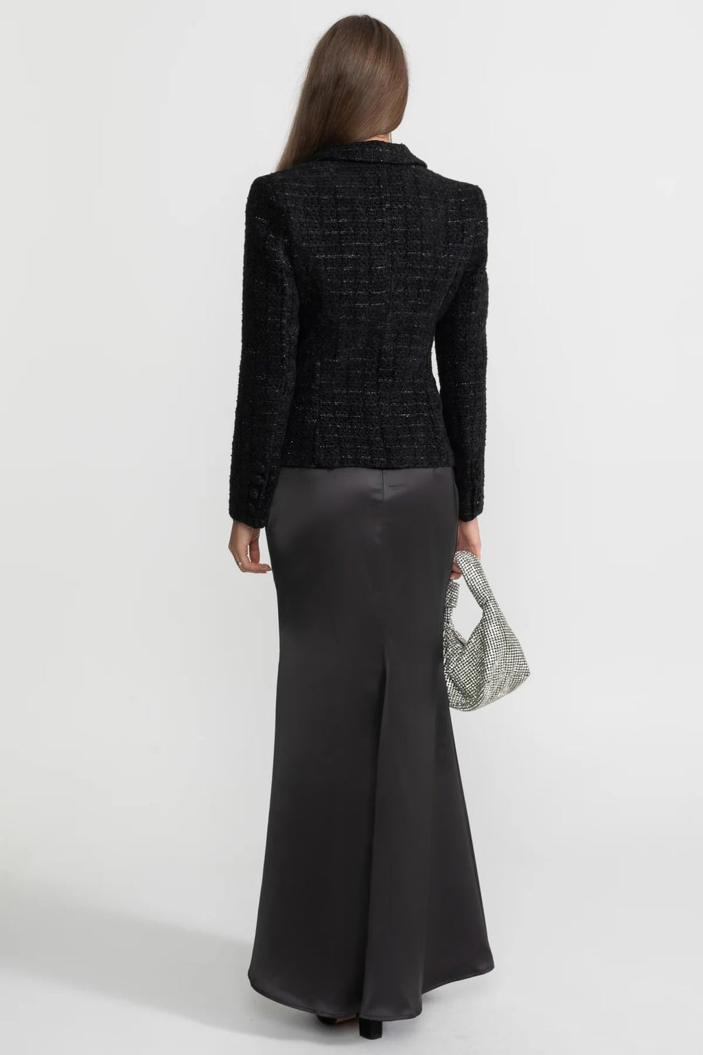 Tweed Blazer and Satin Maxi Skirt Co-Ord Set – Black