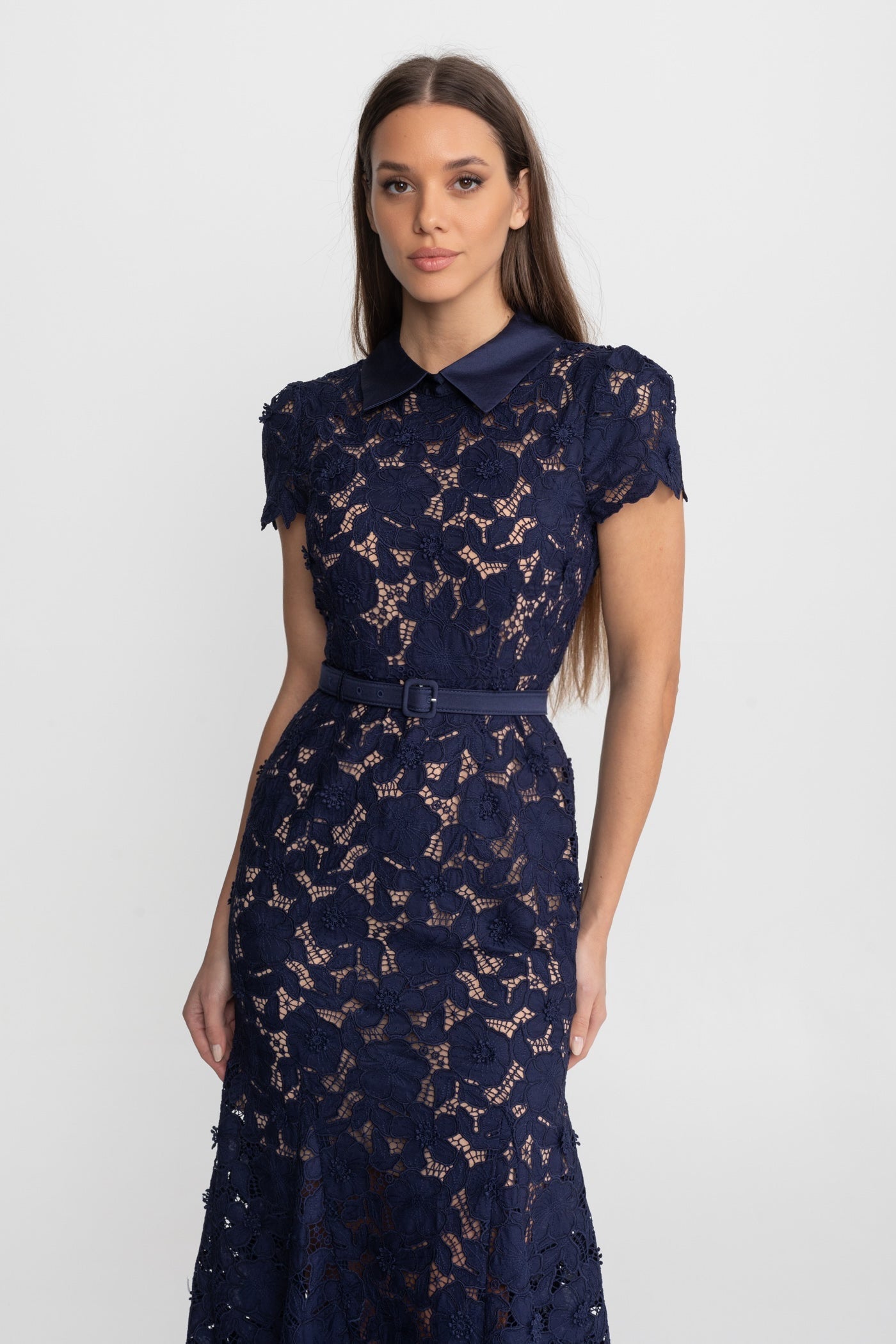 Lace Midi Dress with Belted Waist and Collared Neckline – Navy Blue