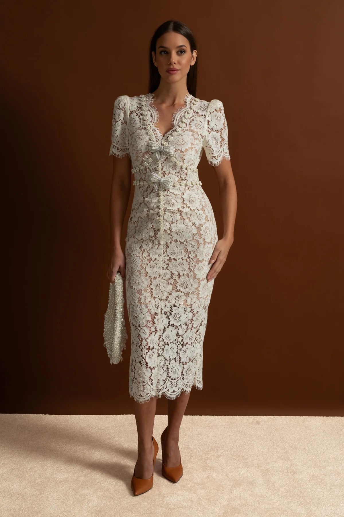 Embellished Lace Midi Dress With Bow Detailing – Ivory