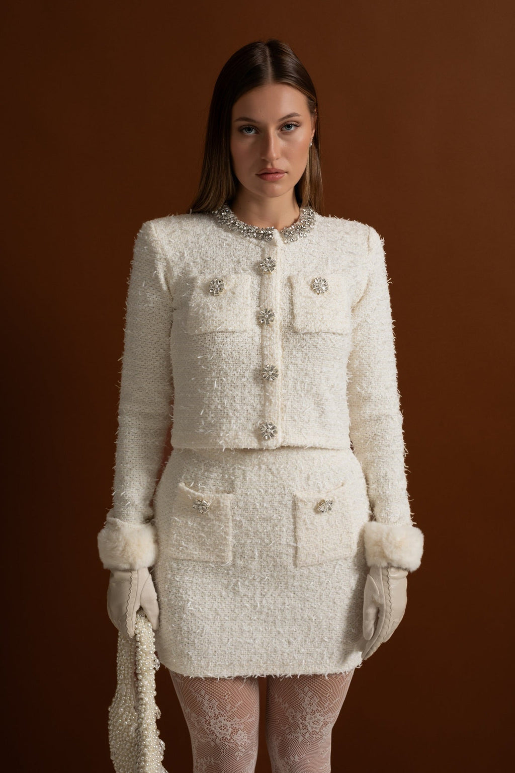 Tweed Two-Piece Set With Crystal Buttons - Ivory