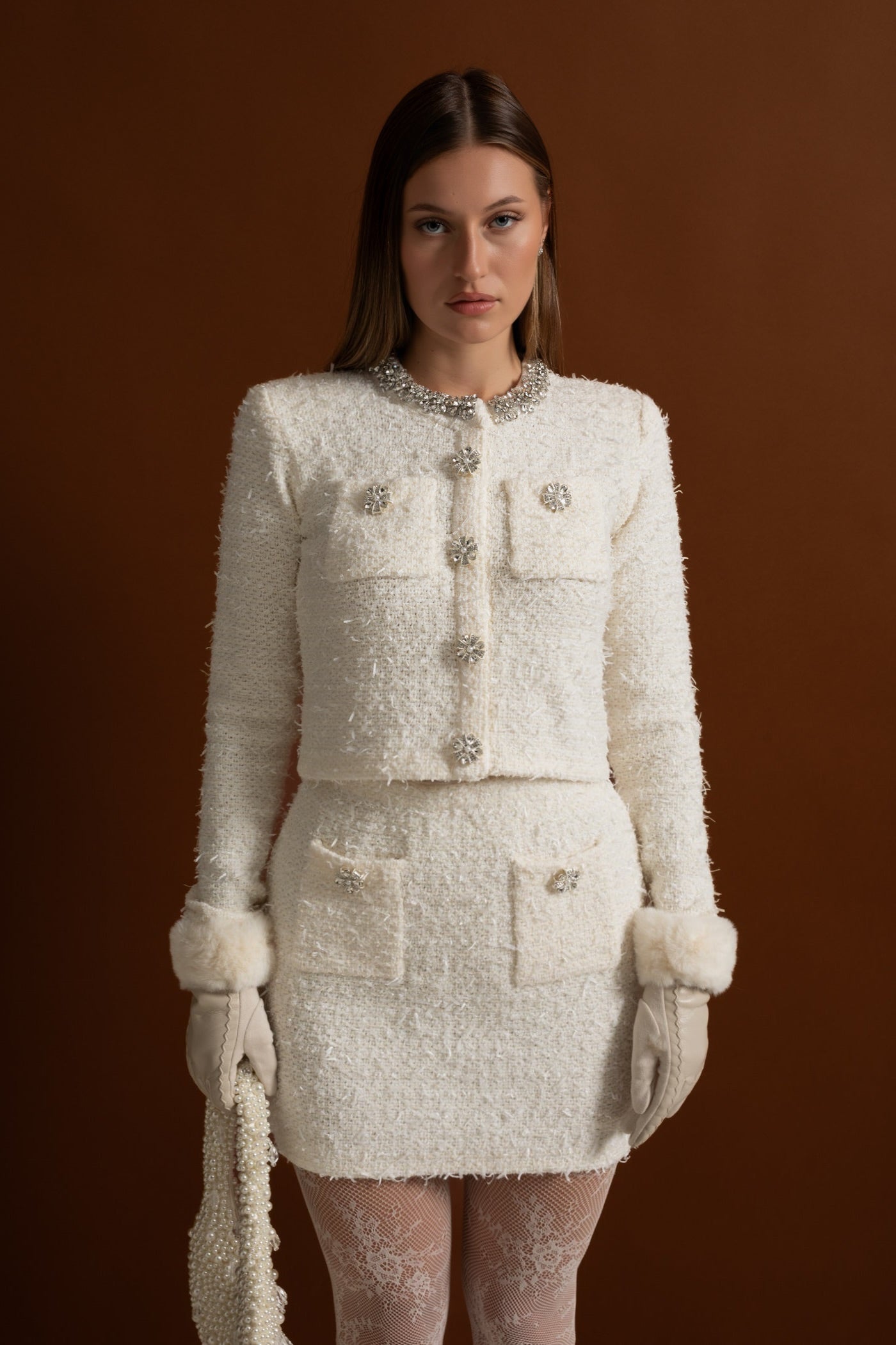 Tweed Two-Piece Set With Crystal Buttons - Ivory