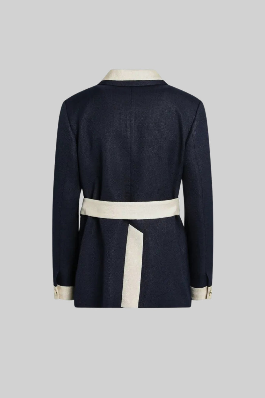 Two-Tone Tweed Jacket With Contrast Trim and Waist Belt – Navy