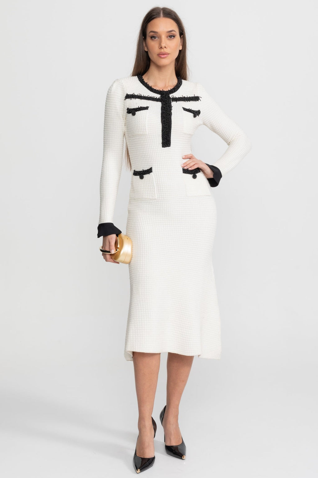 Textured Midi Dress with Contrast Embroidered Trim – Ivory