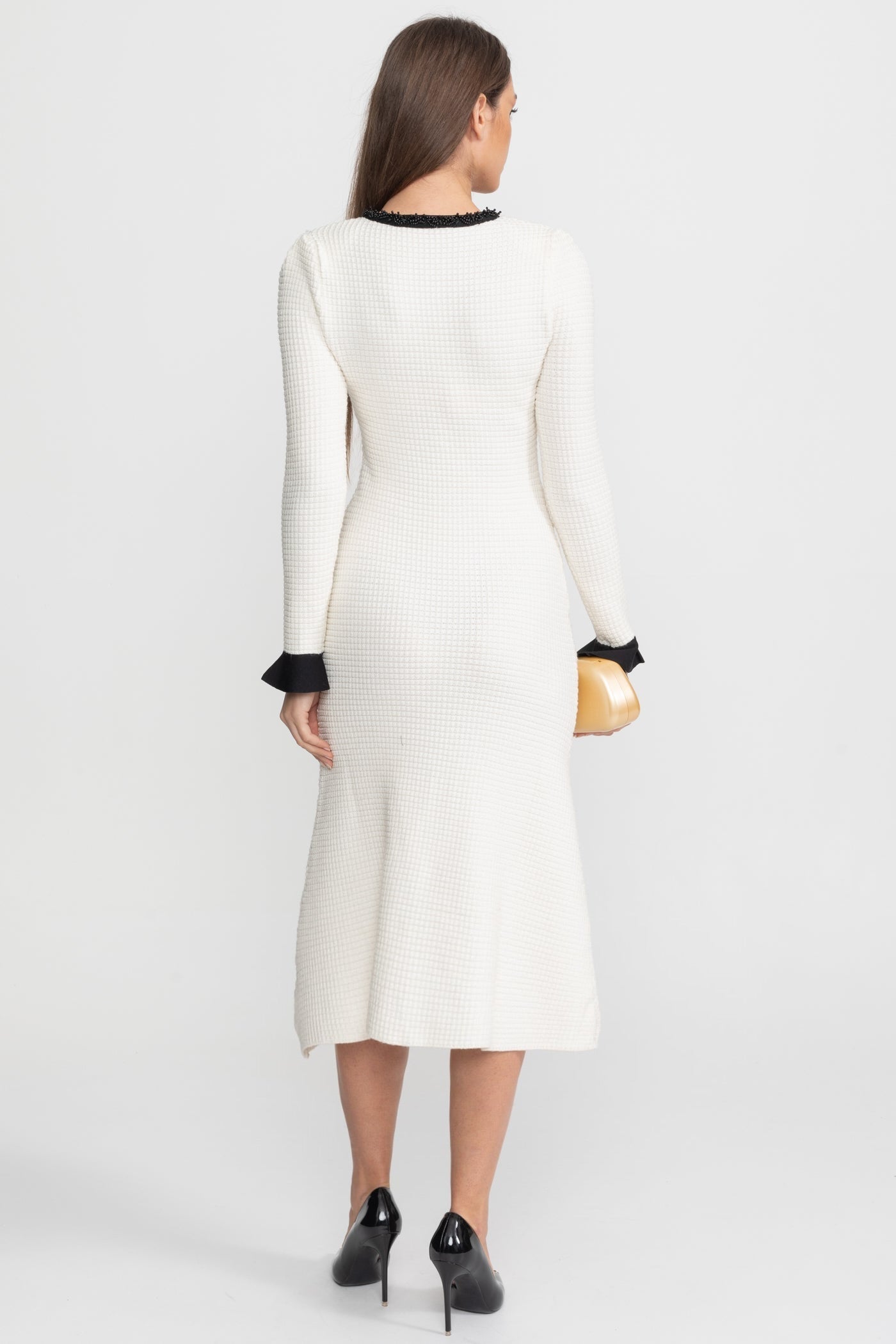 Textured Midi Dress with Contrast Embroidered Trim – Ivory