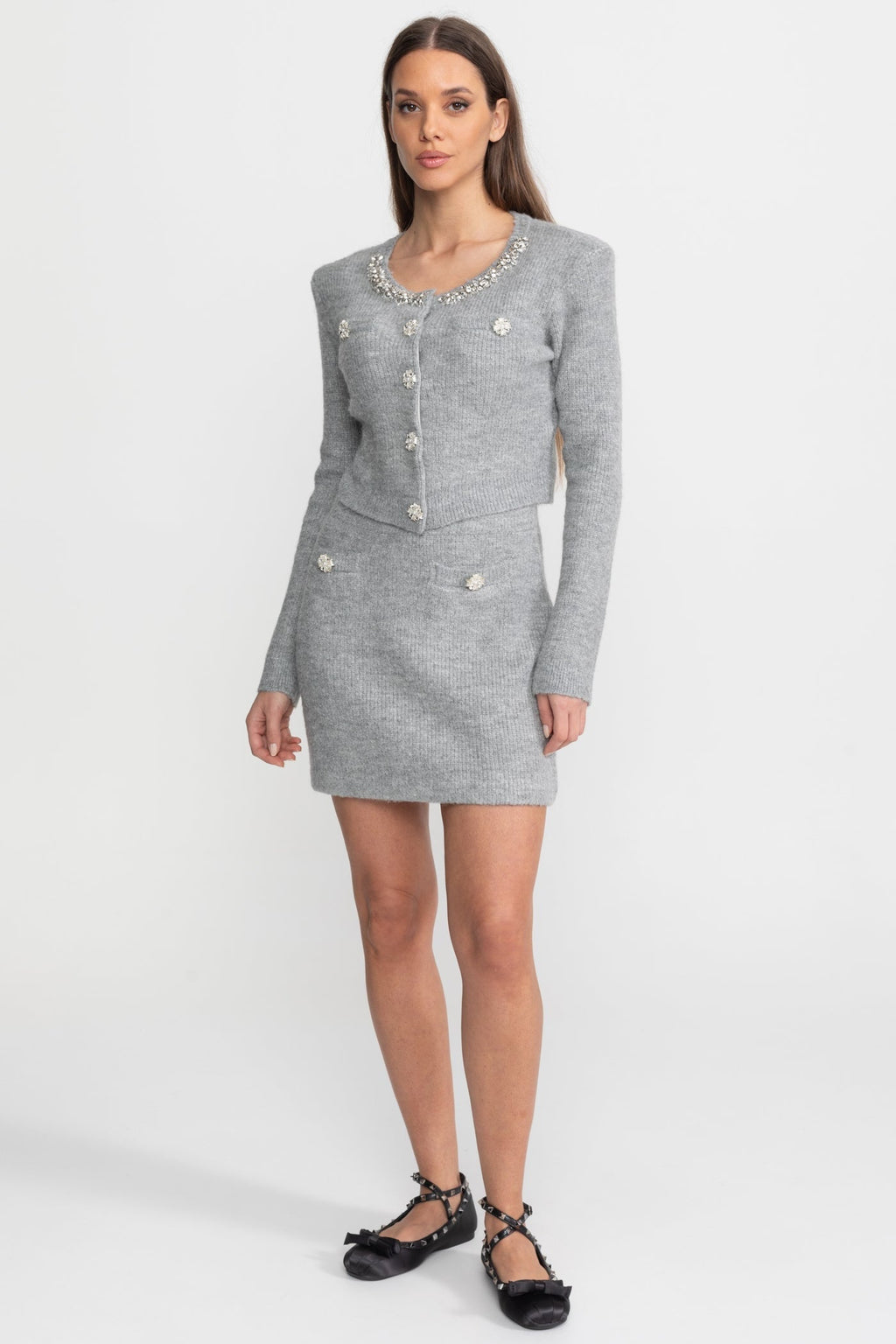 Embellished Knit Co-Ord Set with Crystal Buttons – Grey