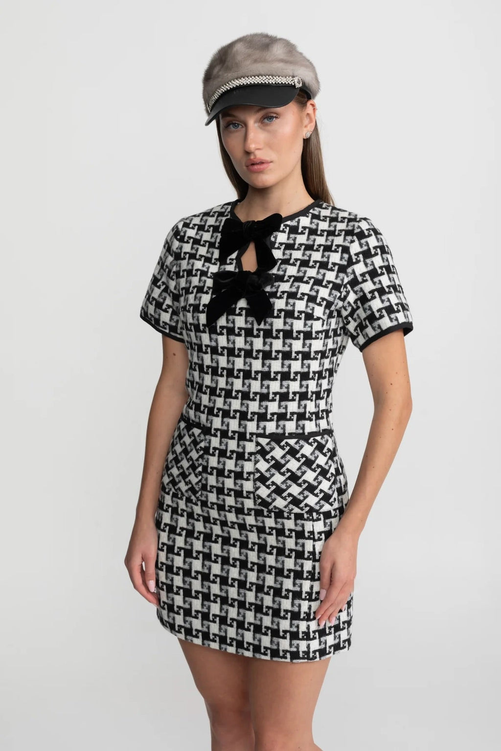Velvet Bow Tweed Mini Dress With Check Pattern – Black And White