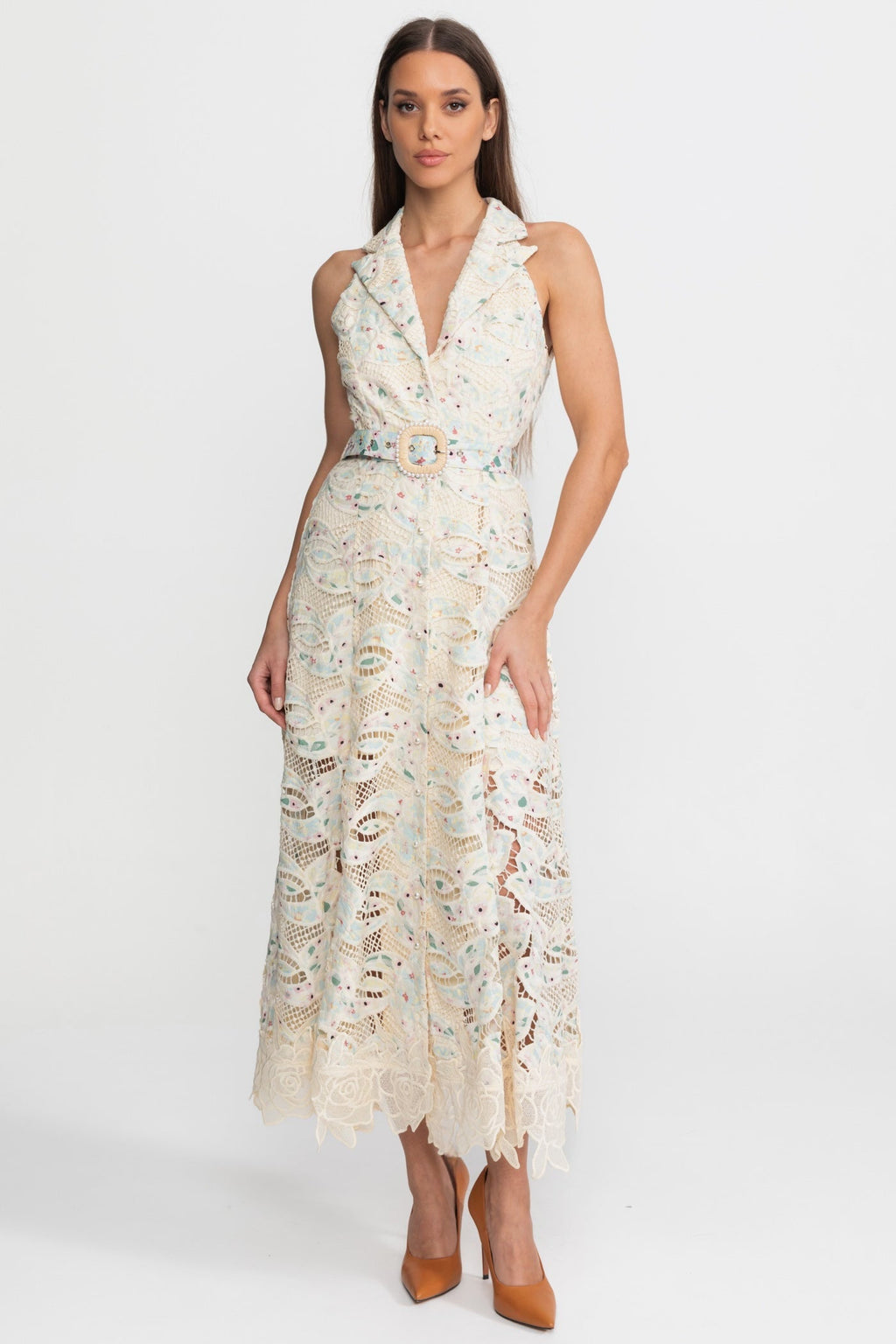 Halter Lace Midi Dress with Belted Waist – Ivory