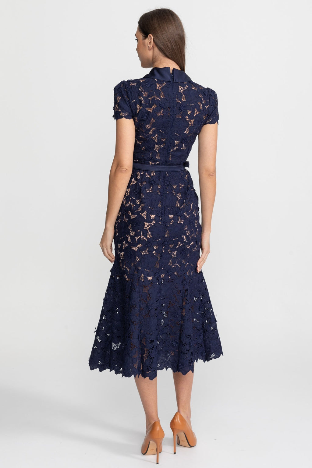 Lace Midi Dress with Belted Waist and Collared Neckline – Navy Blue