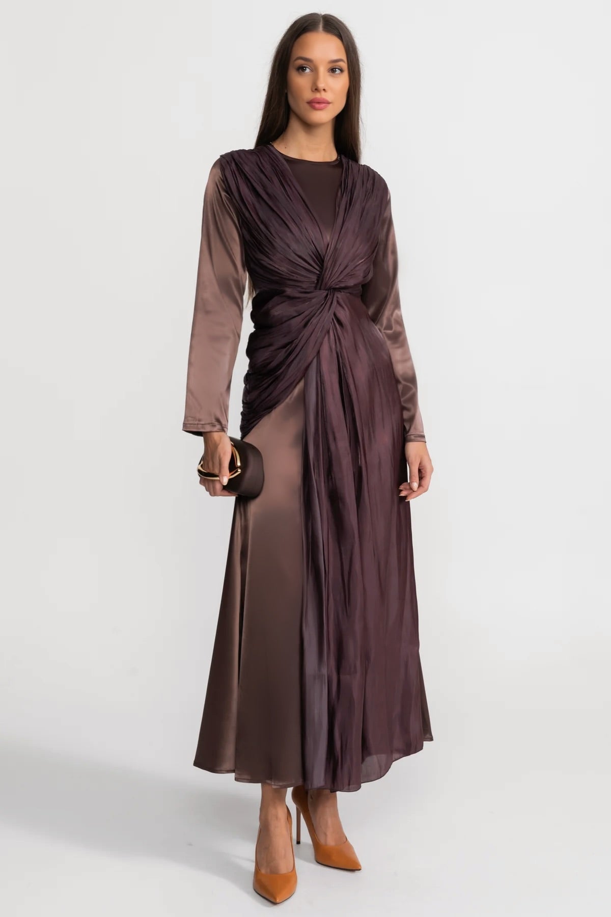 Satin Midi Dress with Draped Overlay and Knot Detail - Brown