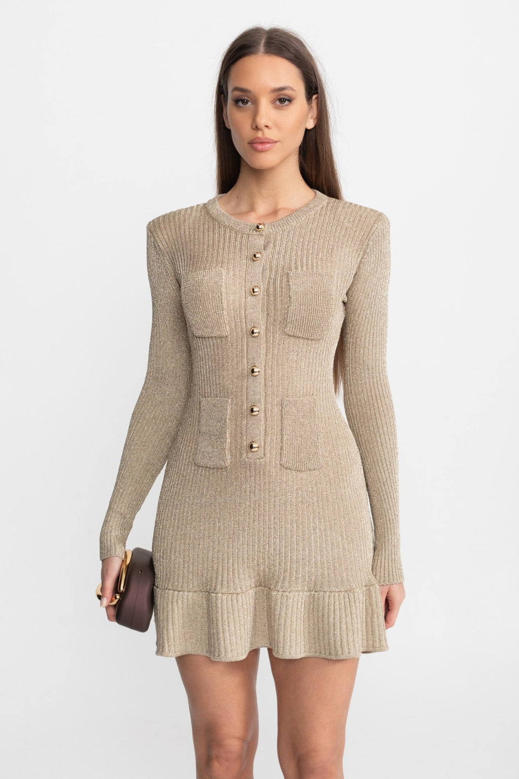 Ribbed Knit Mini Dress with Gold Button Front – Champagne