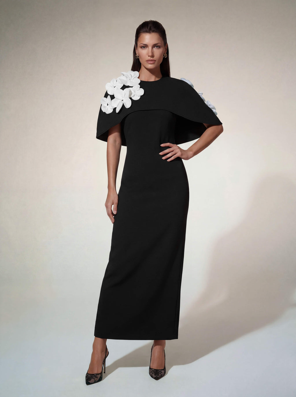 Alsatia Cape Sleeve Flower Maxi Dress