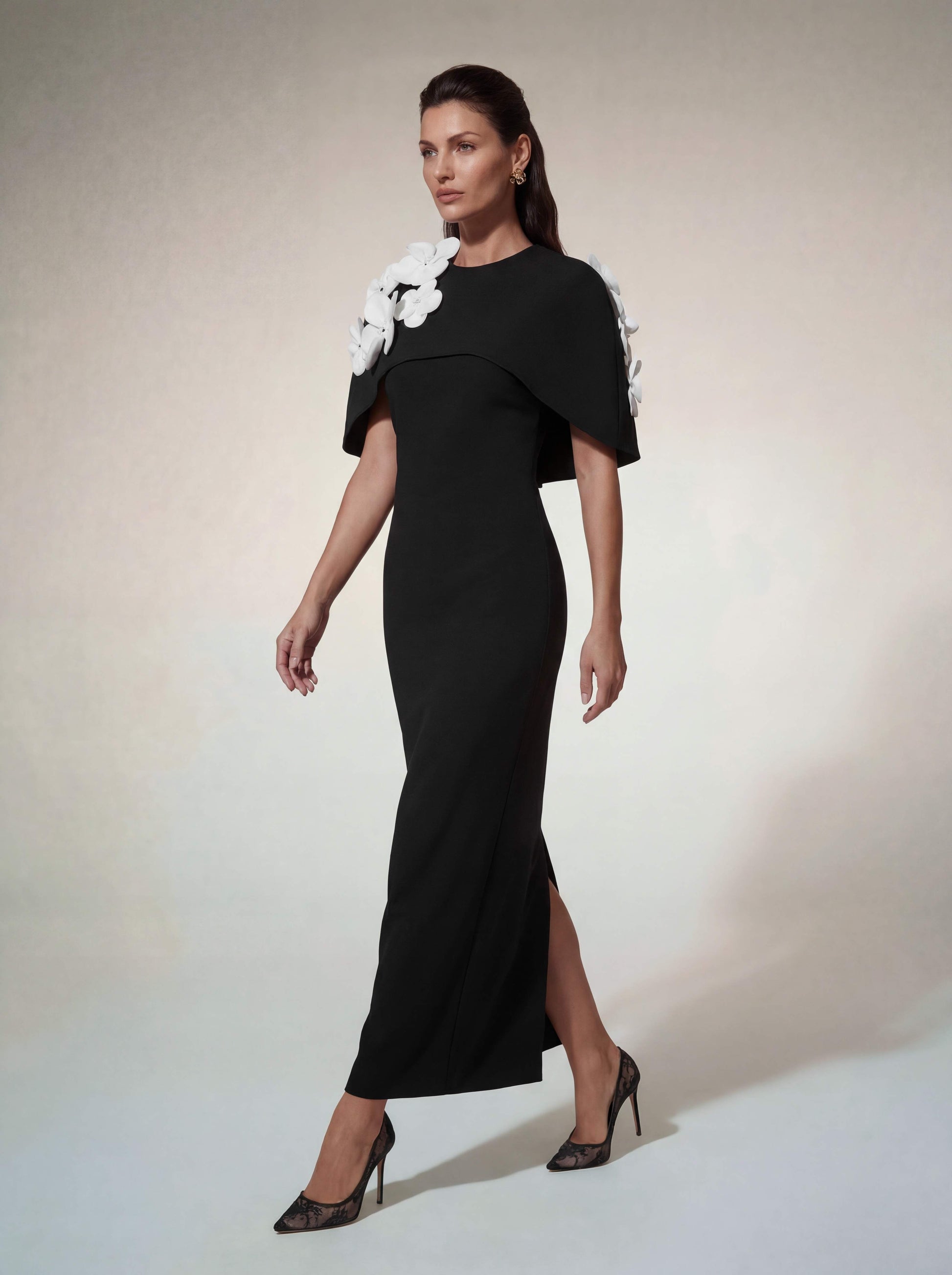 Alsatia Cape Sleeve Flower Maxi Dress