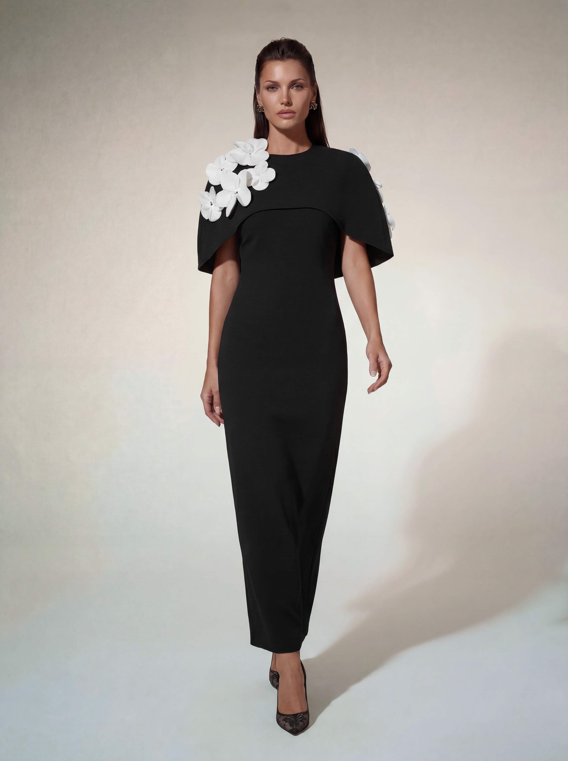 Alsatia Cape Sleeve Flower Maxi Dress