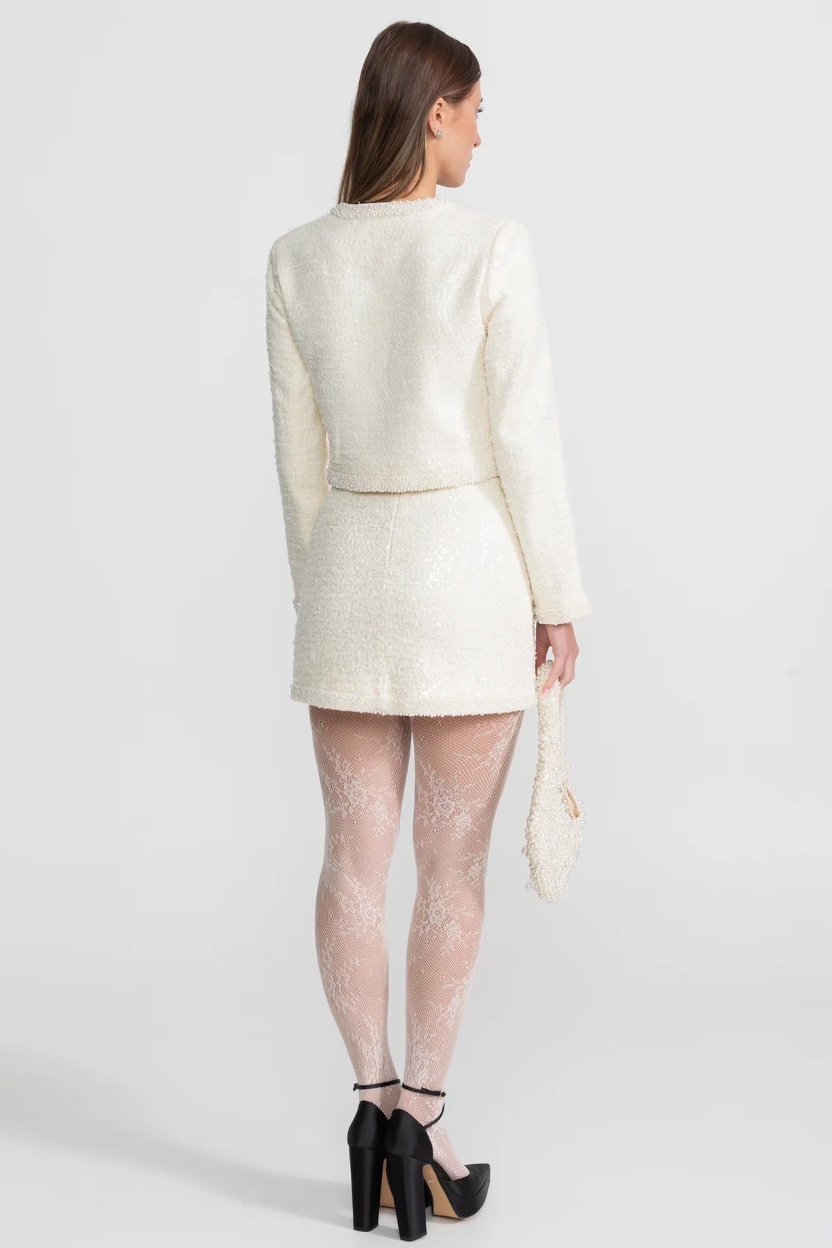 Tweed Two-Piece Set With Beaded Trim And Hemline - Ivory