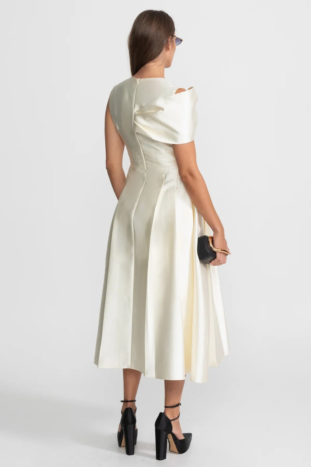 Off-Shoulder Satin Midi Dress With Draped Bow Detail