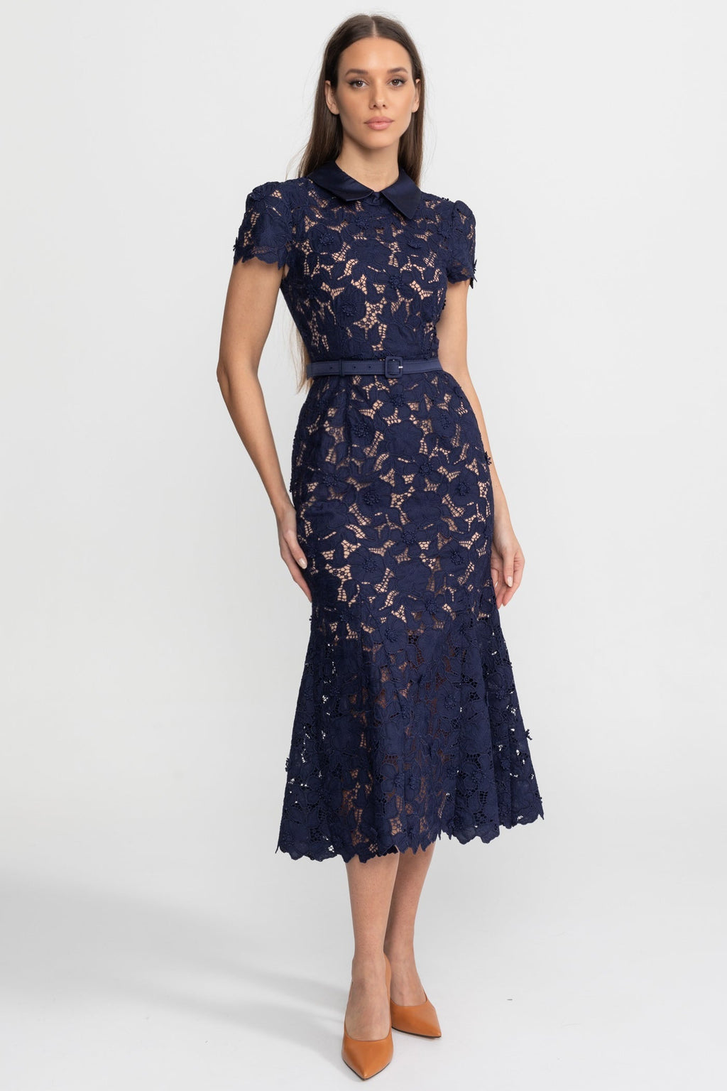 Lace Midi Dress with Belted Waist and Collared Neckline – Navy Blue