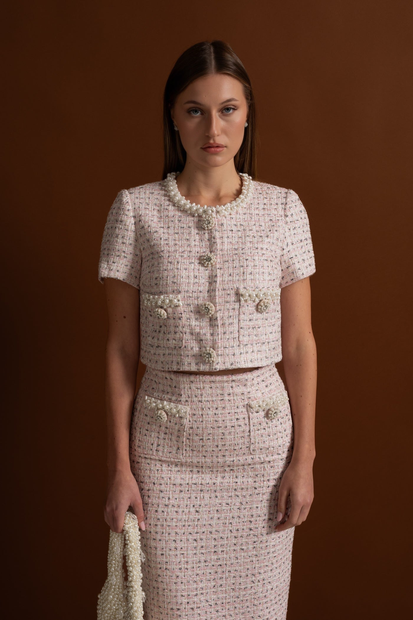 Pearl-Embellished Set With Sparkling Buttons - Pink