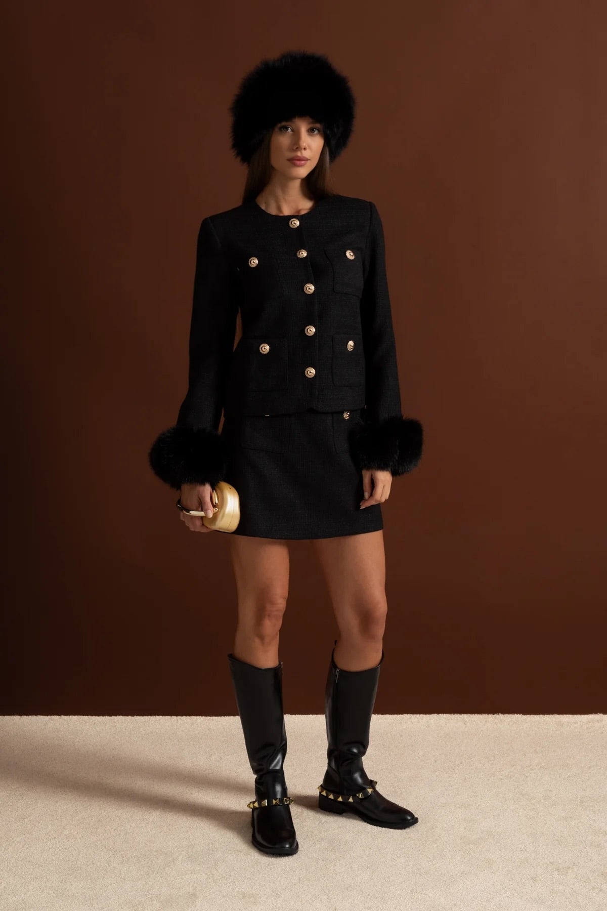 Tweed Blazer With Faux Fur Cuffs And Gold Buttons – Black