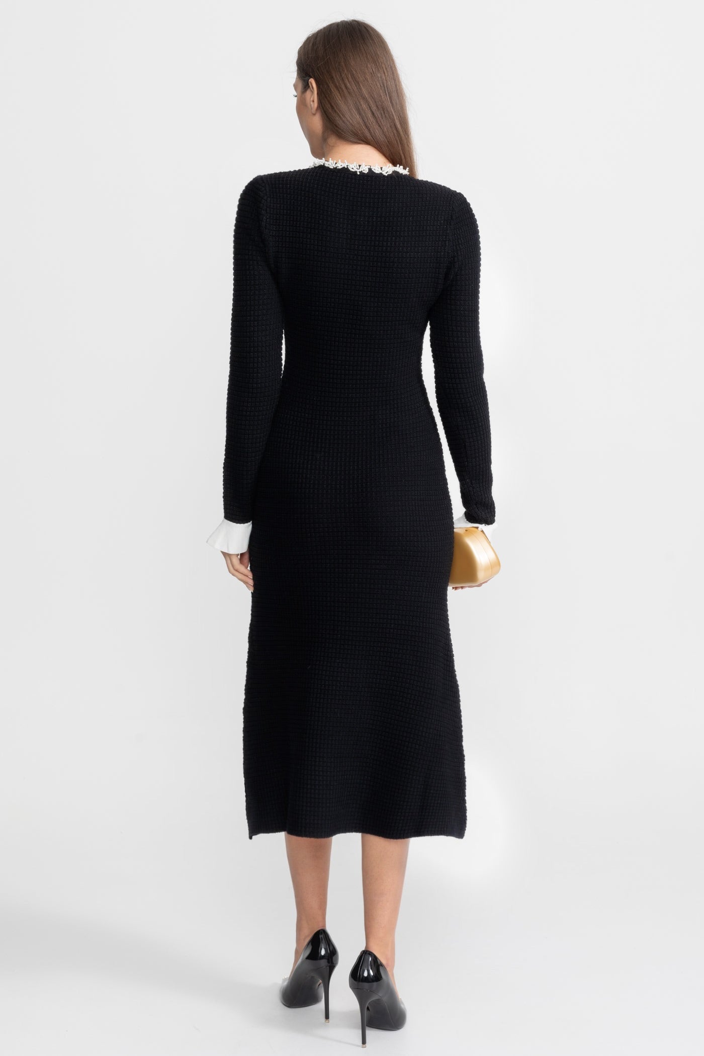 Textured Midi Dress with Contrast Embroidered Trim – Black