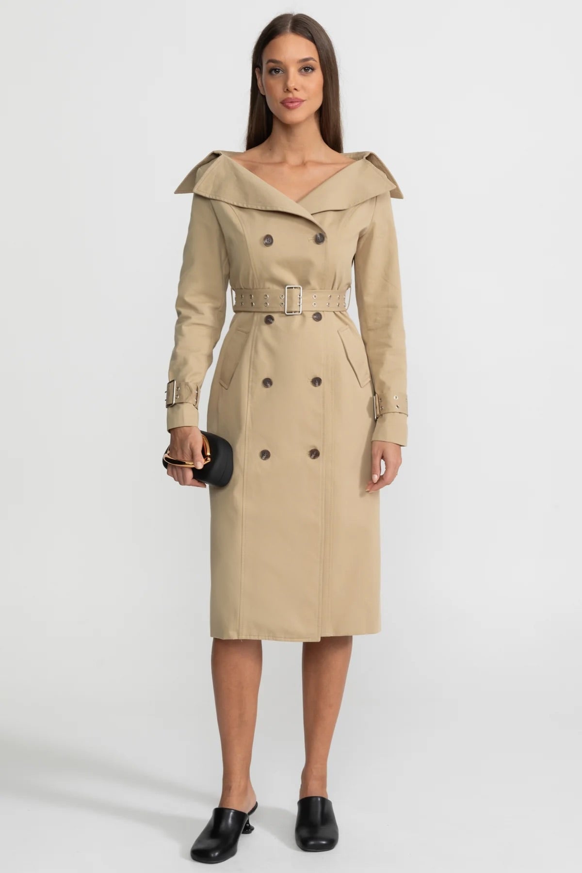 Off-Shoulder Double-Breasted Trench Coat With Belted Waist – Brown