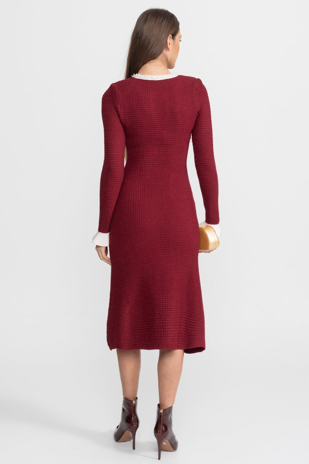Textured Midi Dress with Contrast Embroidered Trim – Burgundy