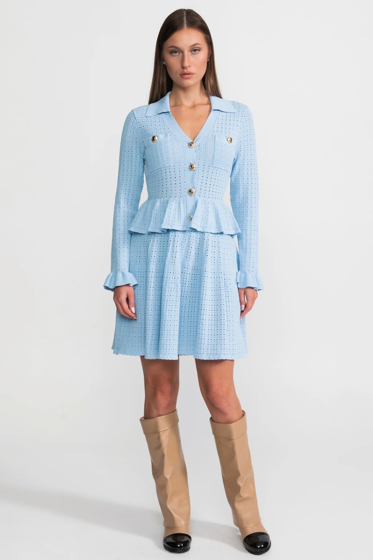Knit Mini Dress with Peplum Waist and Gold Button Detail - Light Blue