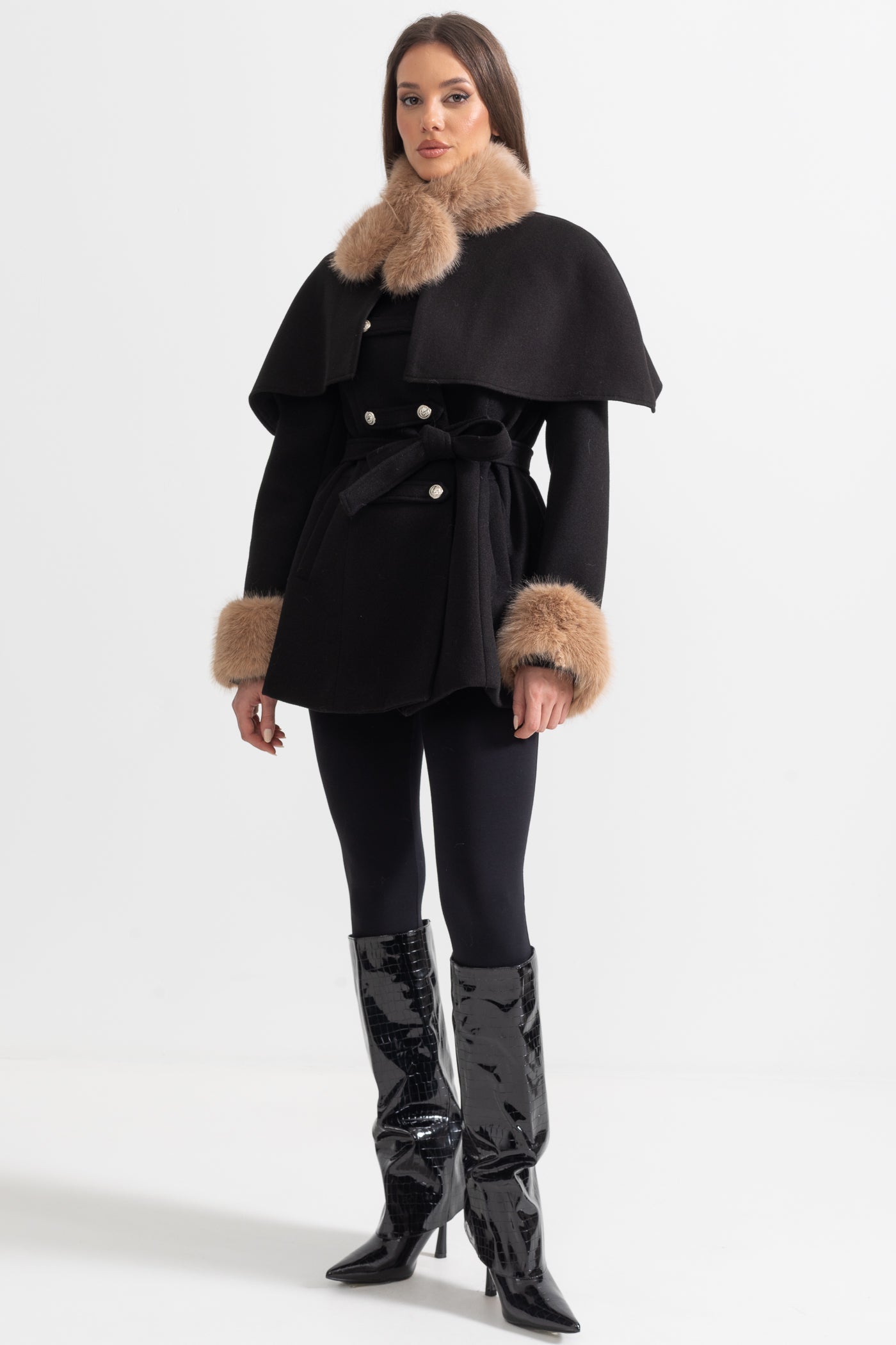 Double-Breasted Coat With Detachable Cape - Black