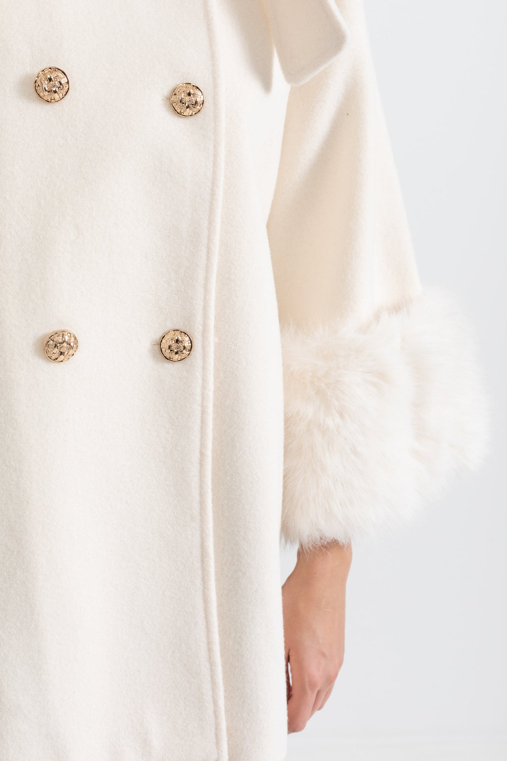 Double Breasted Overcoat With Fur Cuff Accents And Neckline Ribbon - Ivory