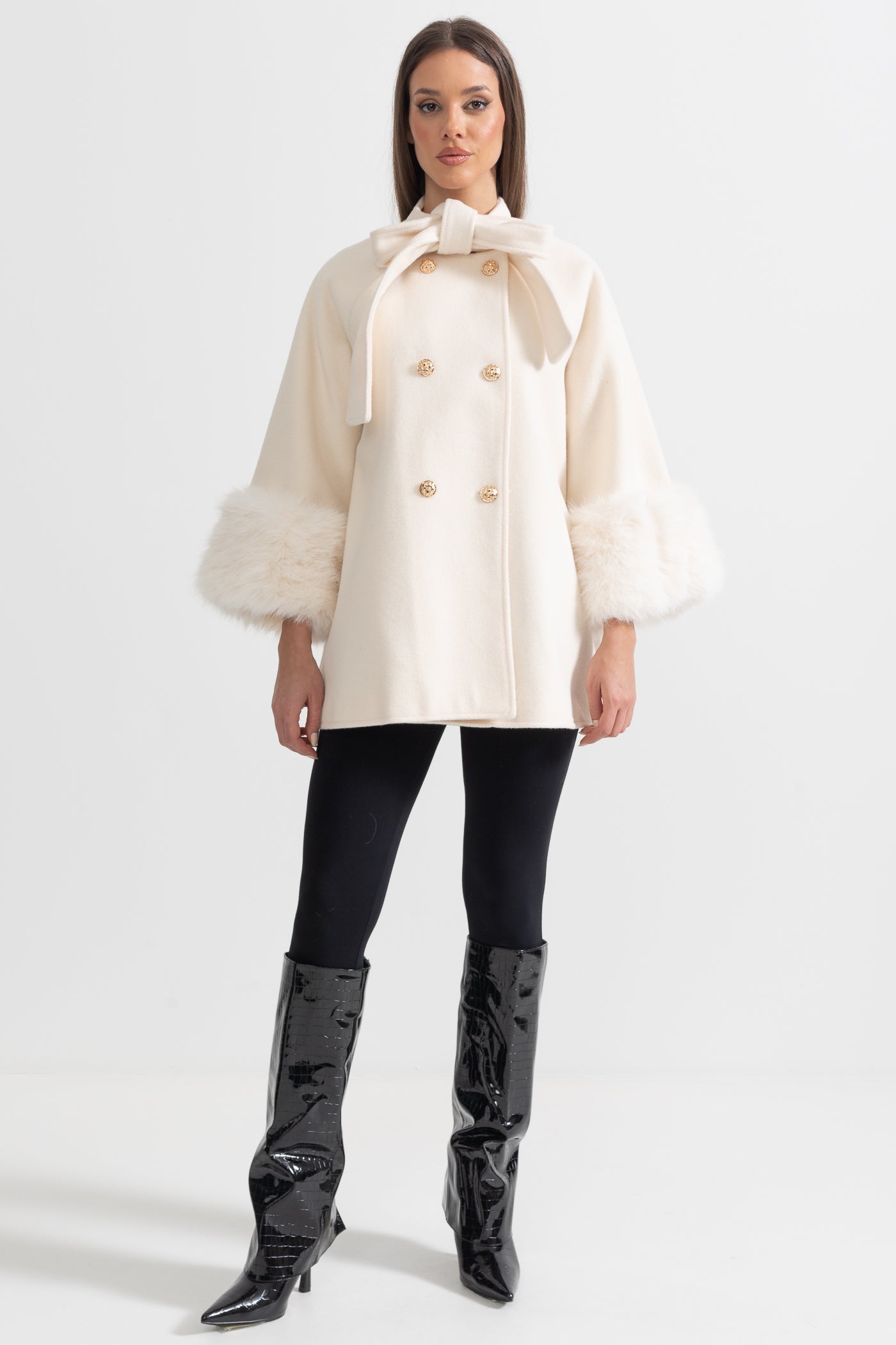 Double Breasted Overcoat With Fur Cuff Accents And Neckline Ribbon - Ivory