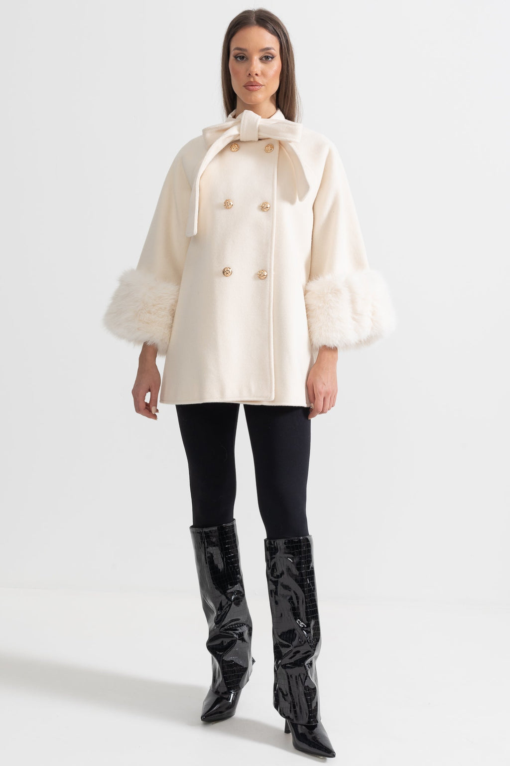 Double Breasted Overcoat With Fur Cuff Accents And Neckline Ribbon - Ivory