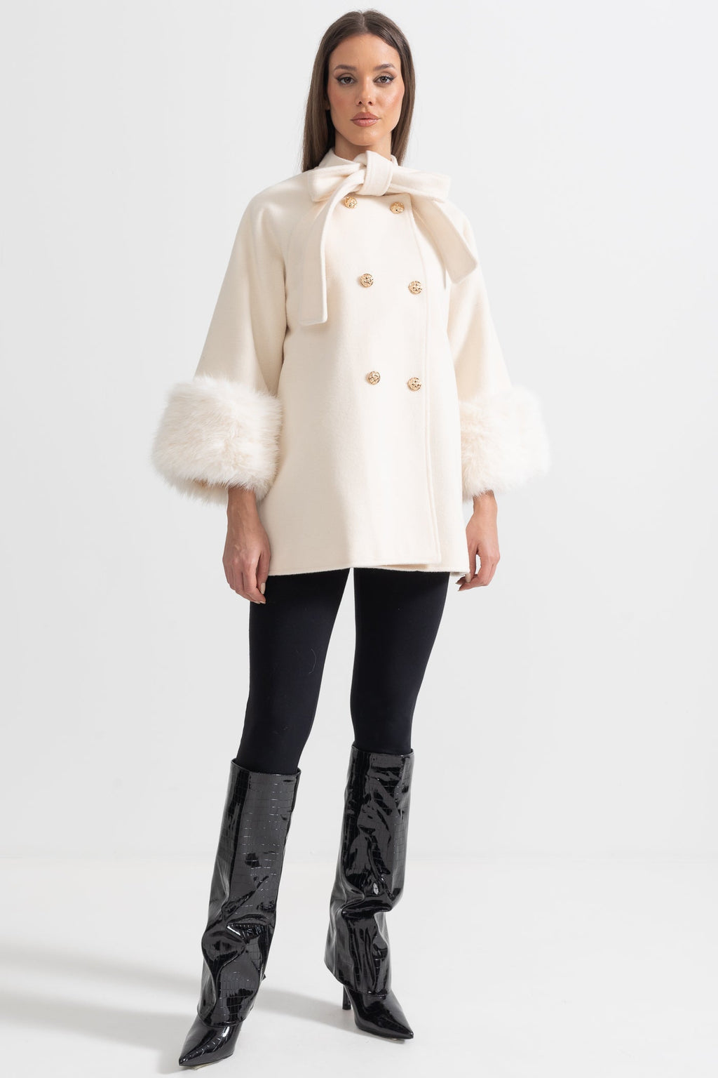 Double Breasted Overcoat With Fur Cuff Accents And Neckline Ribbon - Ivory