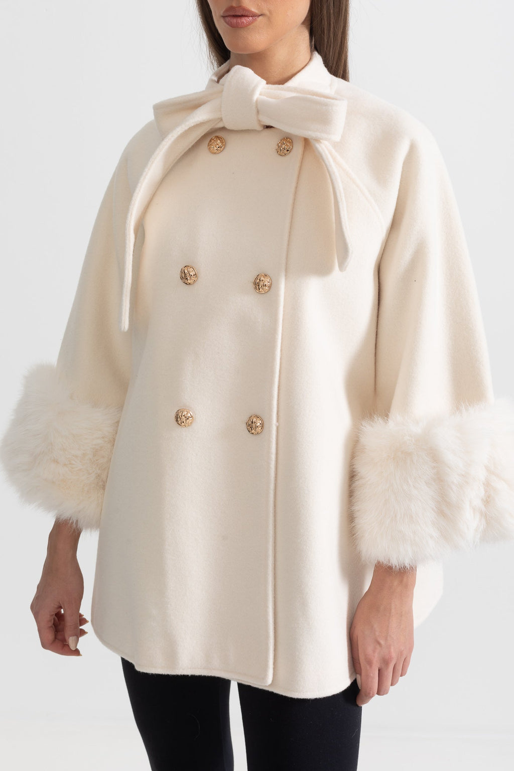 Double Breasted Overcoat With Fur Cuff Accents And Neckline Ribbon - Ivory