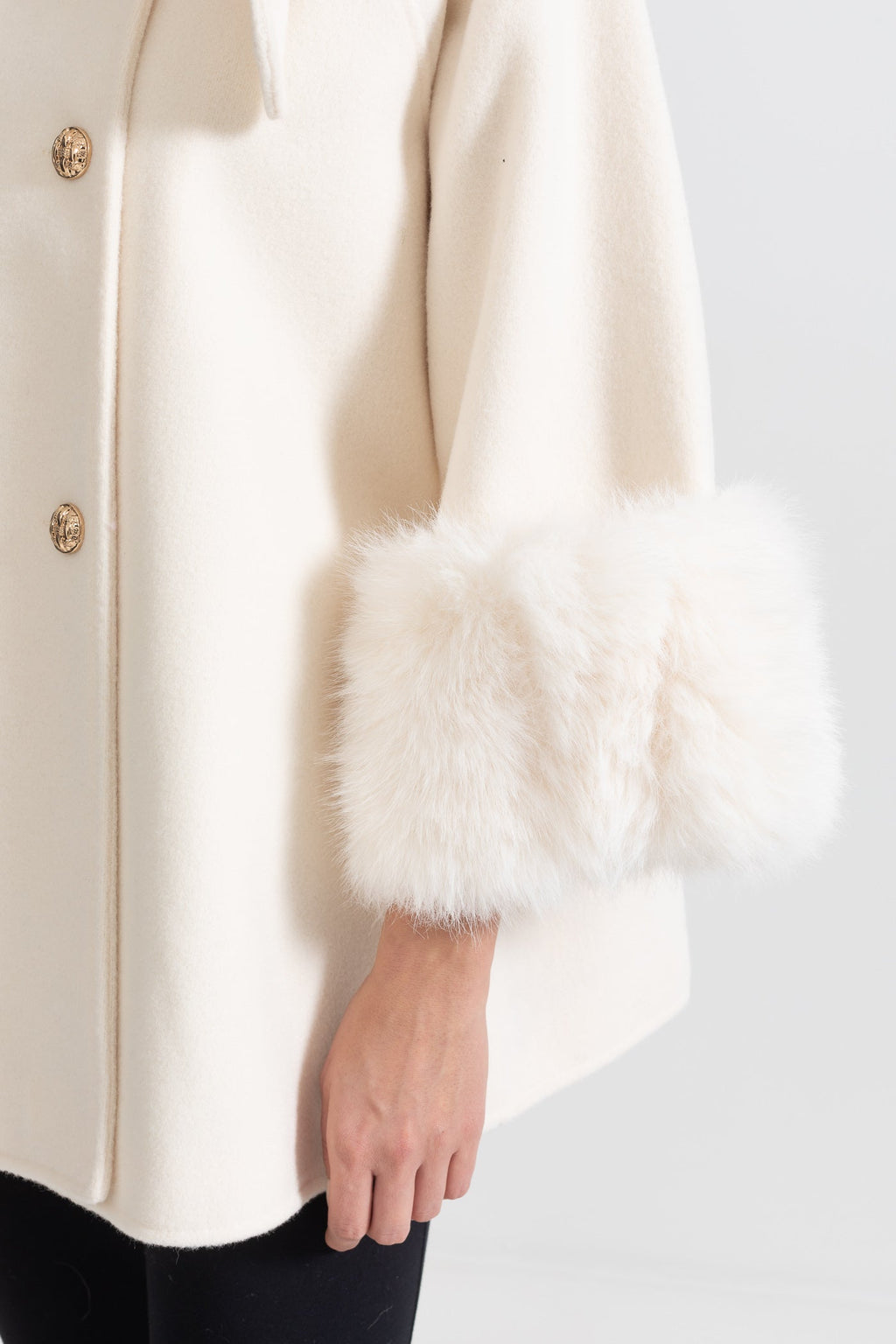 Double Breasted Overcoat With Fur Cuff Accents And Neckline Ribbon - Ivory