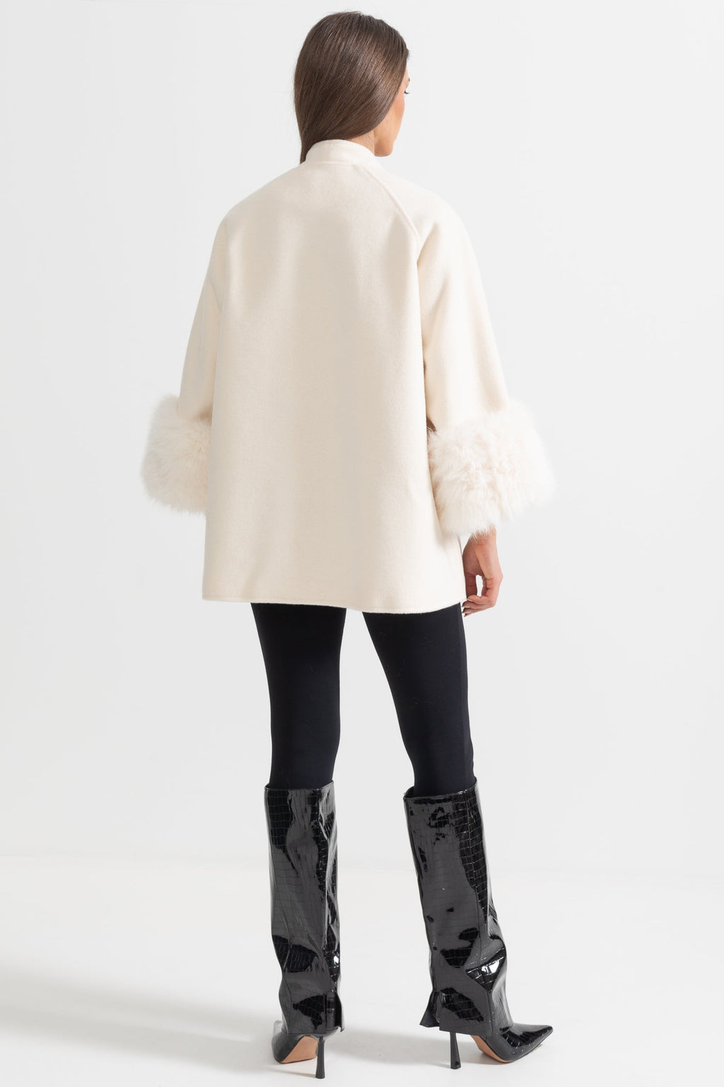 Double Breasted Overcoat With Fur Cuff Accents And Neckline Ribbon - Ivory