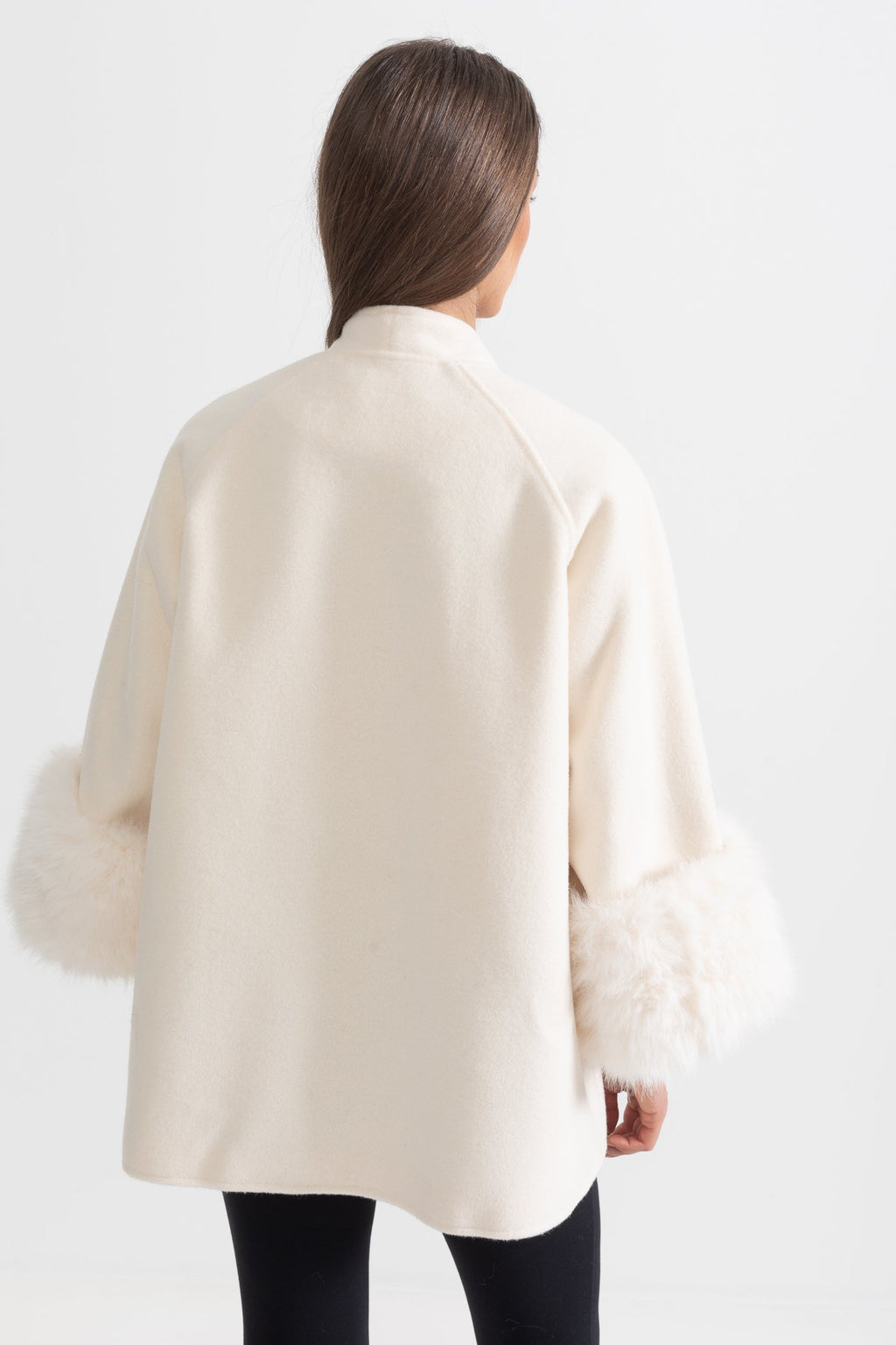 Double Breasted Overcoat With Fur Cuff Accents And Neckline Ribbon - Ivory