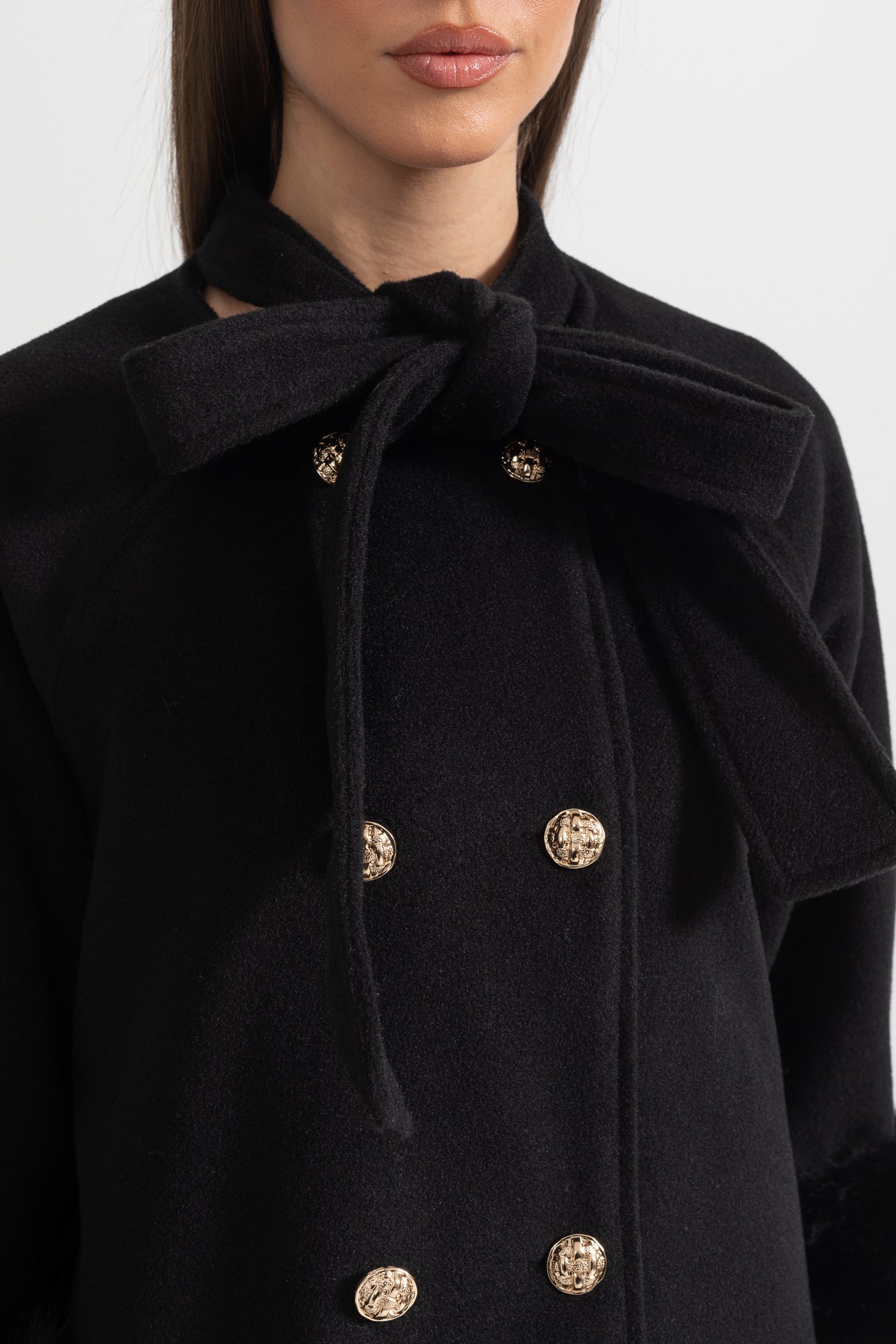 Natasha - Overcoat With Fur Cuff Accents And Neckline Ribbon - Black