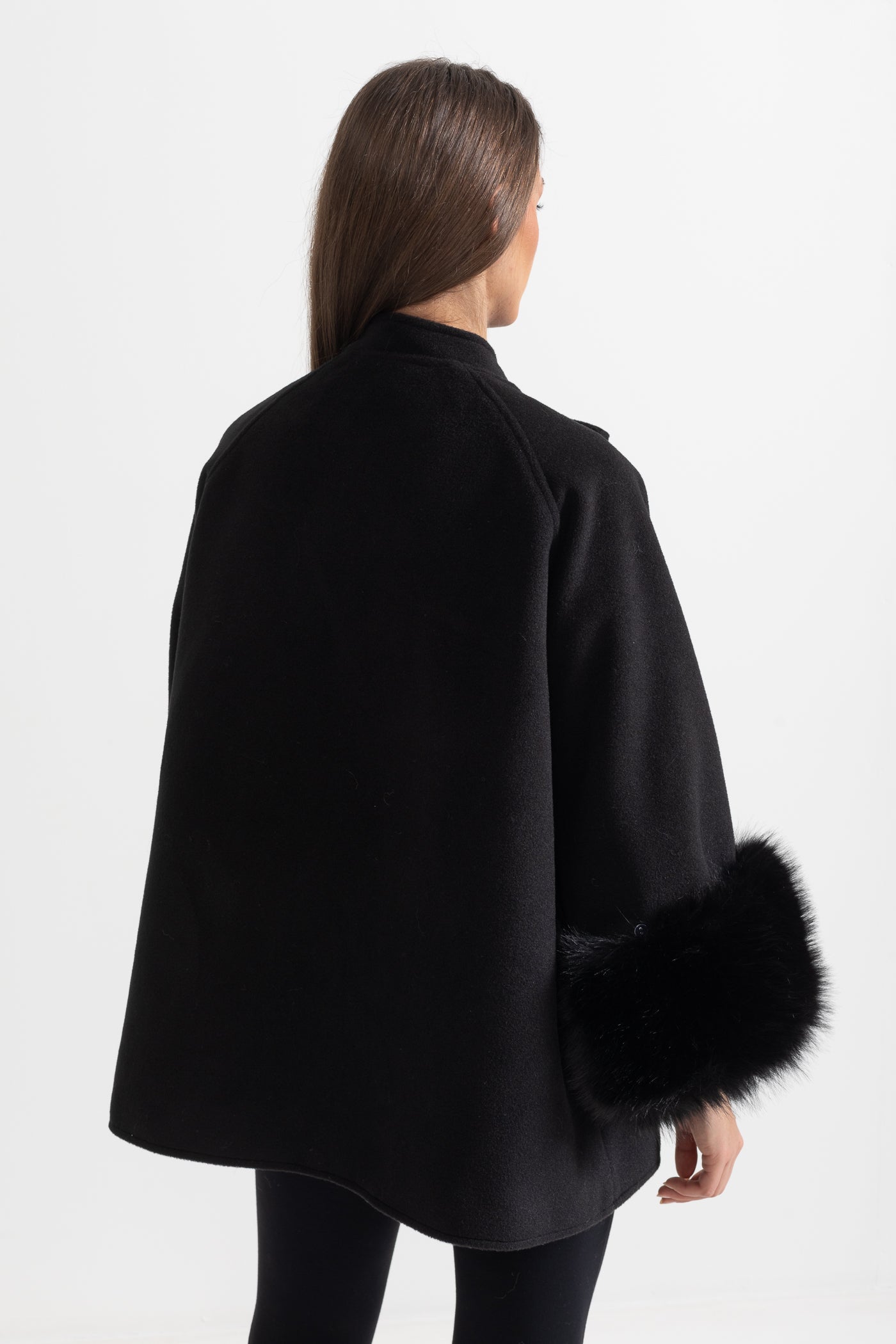 Natasha - Overcoat With Fur Cuff Accents And Neckline Ribbon - Black