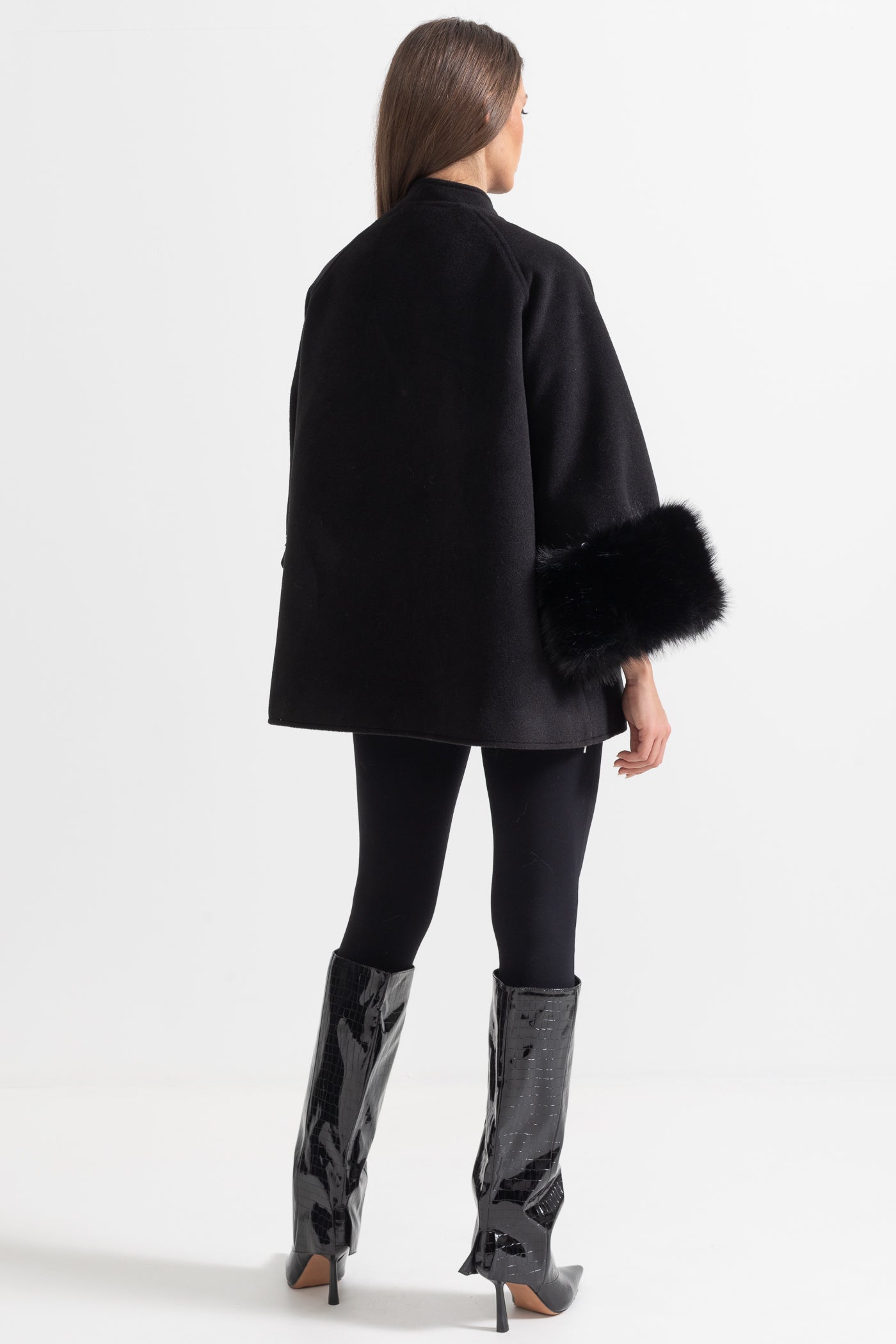 Natasha - Overcoat With Fur Cuff Accents And Neckline Ribbon - Black