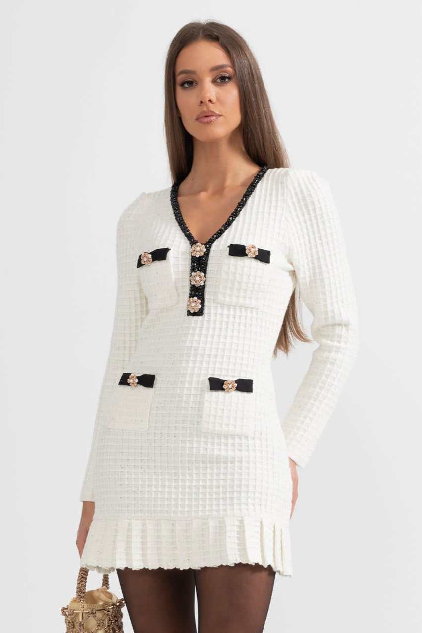 Textured Pattern Knit Mini Dress - Ivory