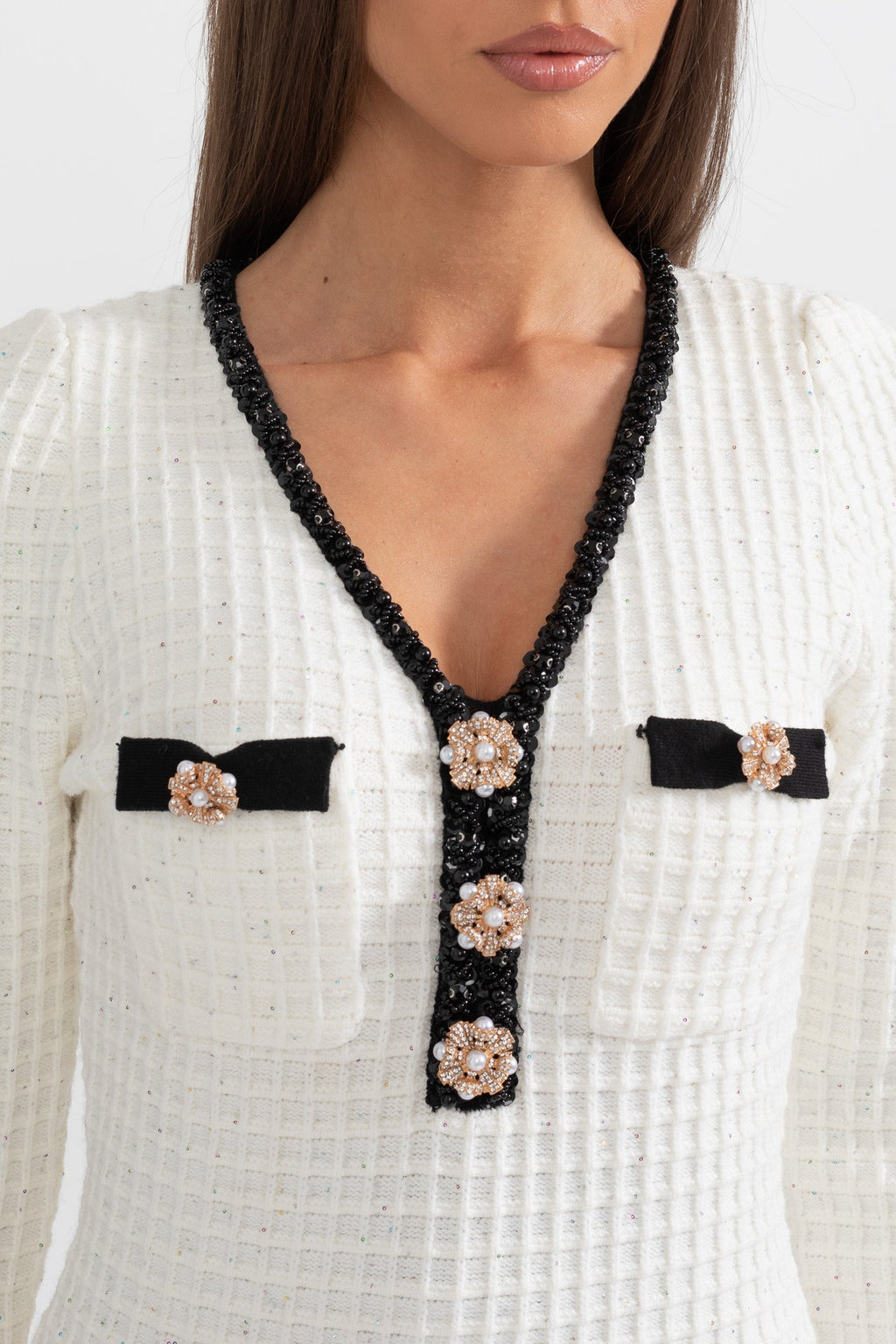 Textured Pattern Knit Mini Dress - Ivory